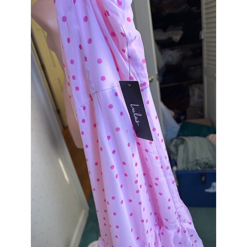Lulus Nellie Pink Polka Dot Ruffled Strappy Midi Dress Large Coquette Barbycore - Picture 13 of 13